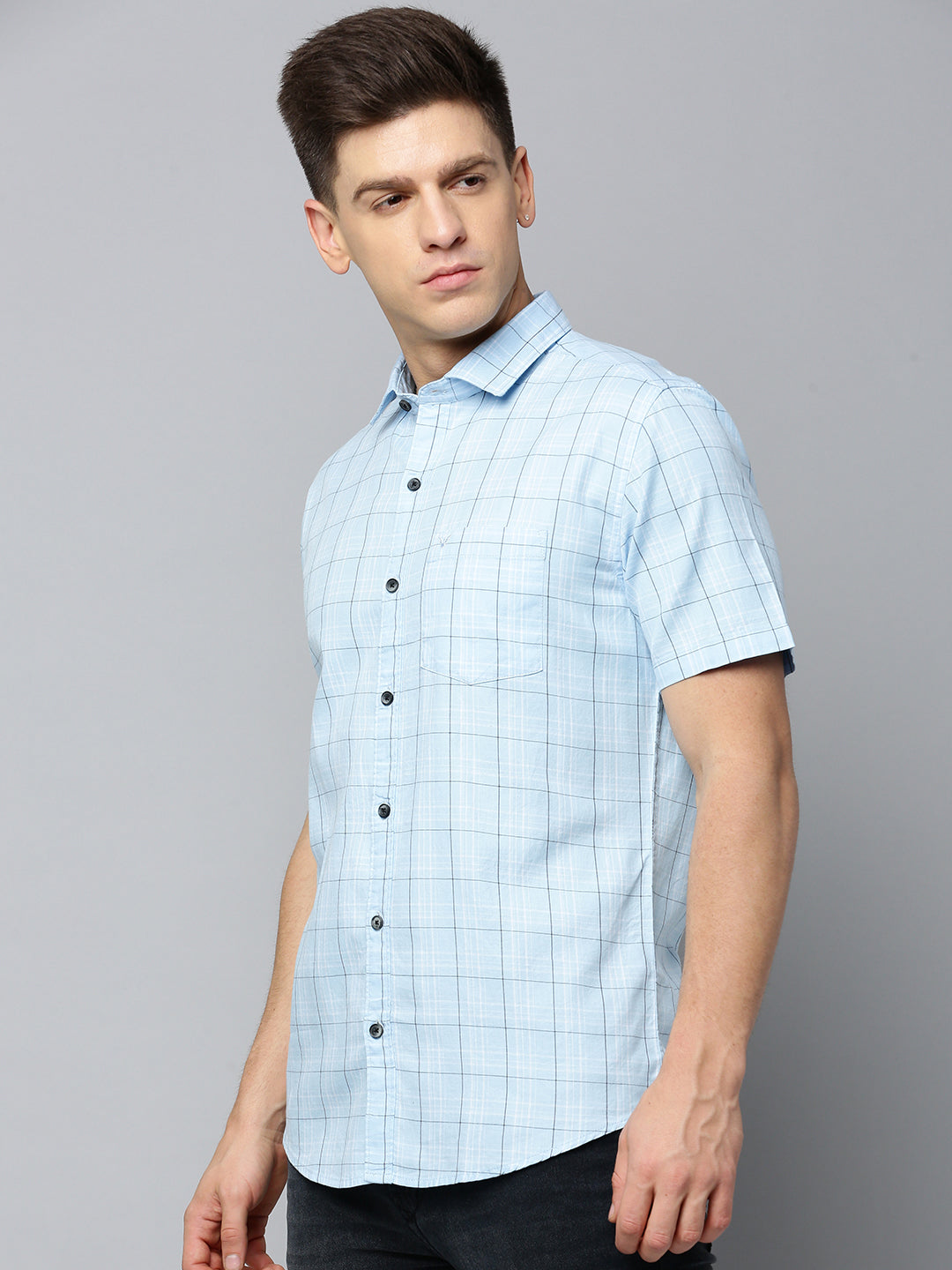 Men Spread Collar Checked Blue Shirt