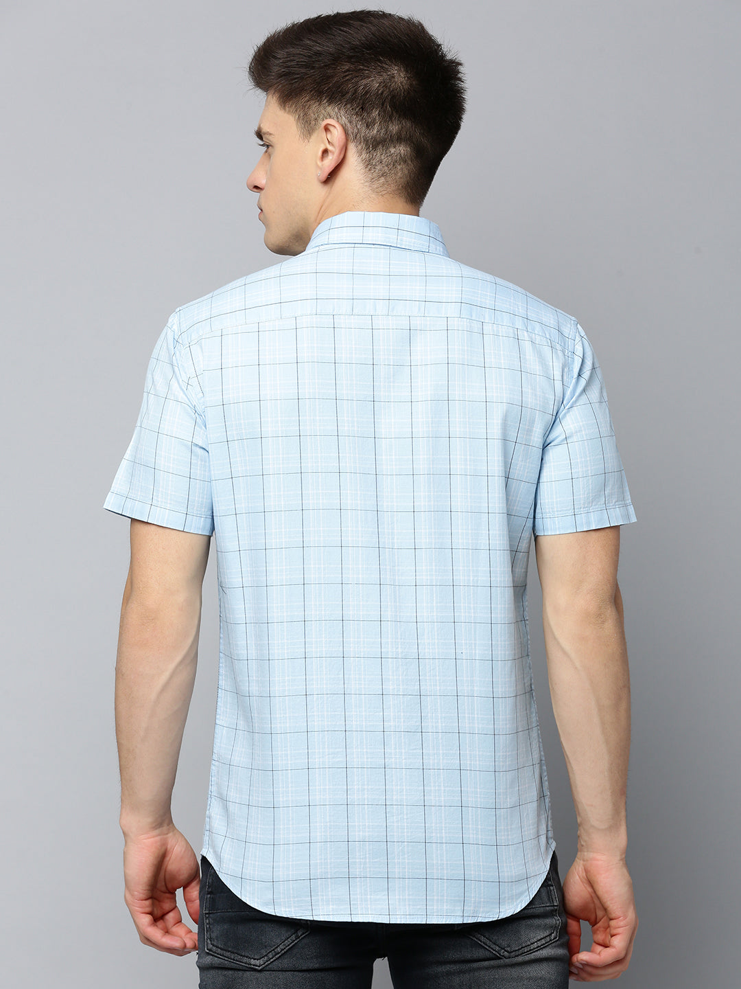 Men Spread Collar Checked Blue Shirt