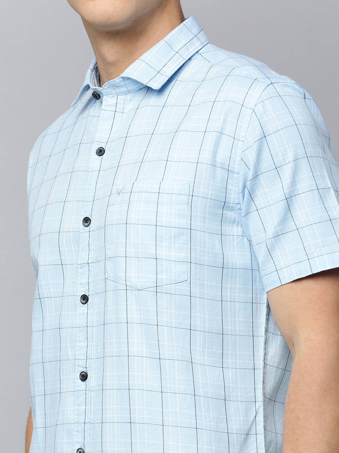 Men Spread Collar Checked Blue Shirt