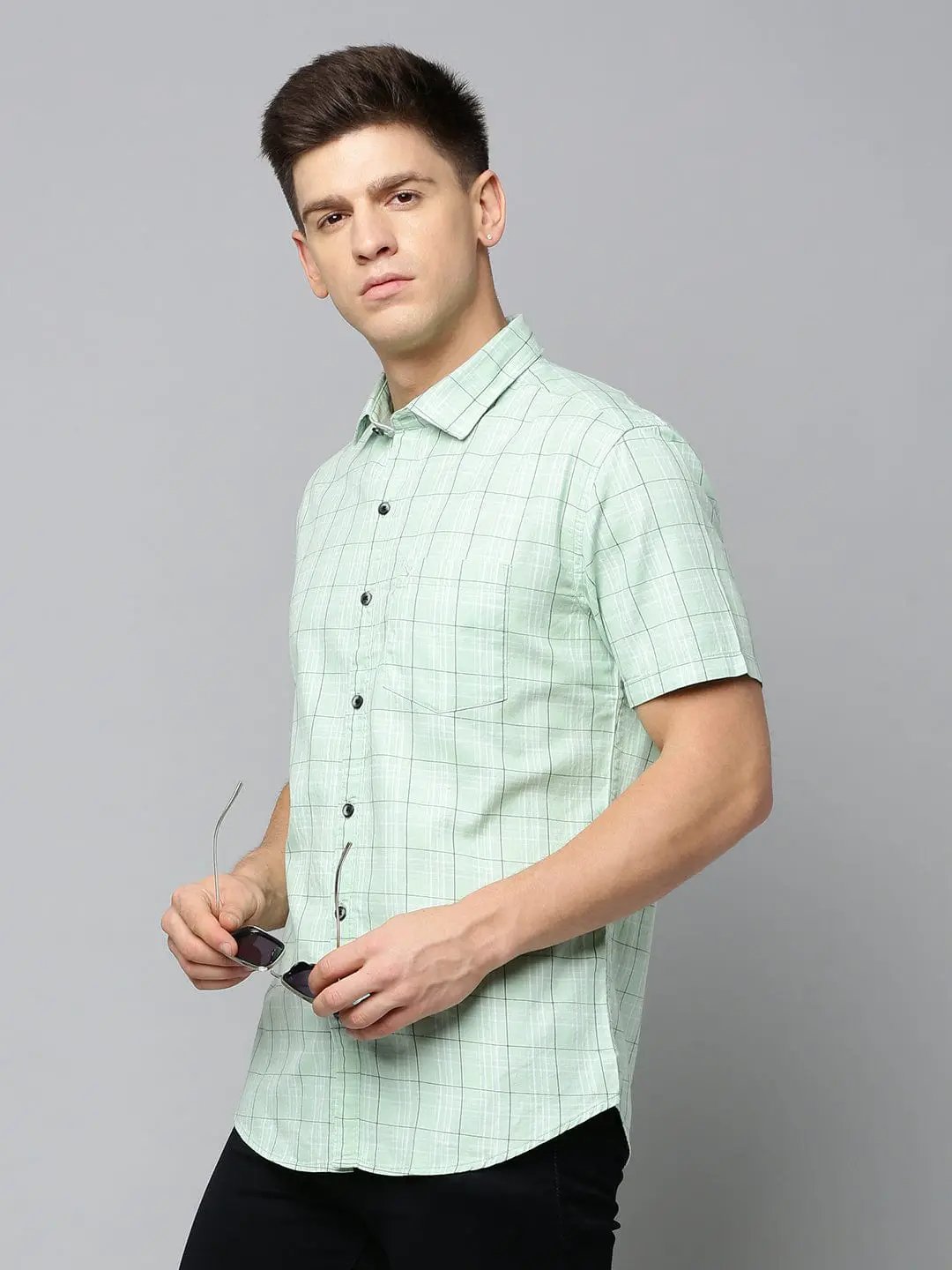 Men's Spread Collar Checked Sea Green Shirt