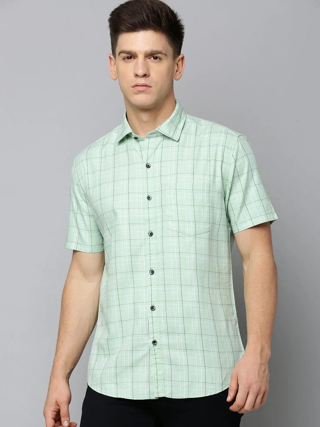 Men's Spread Collar Checked Sea Green Shirt