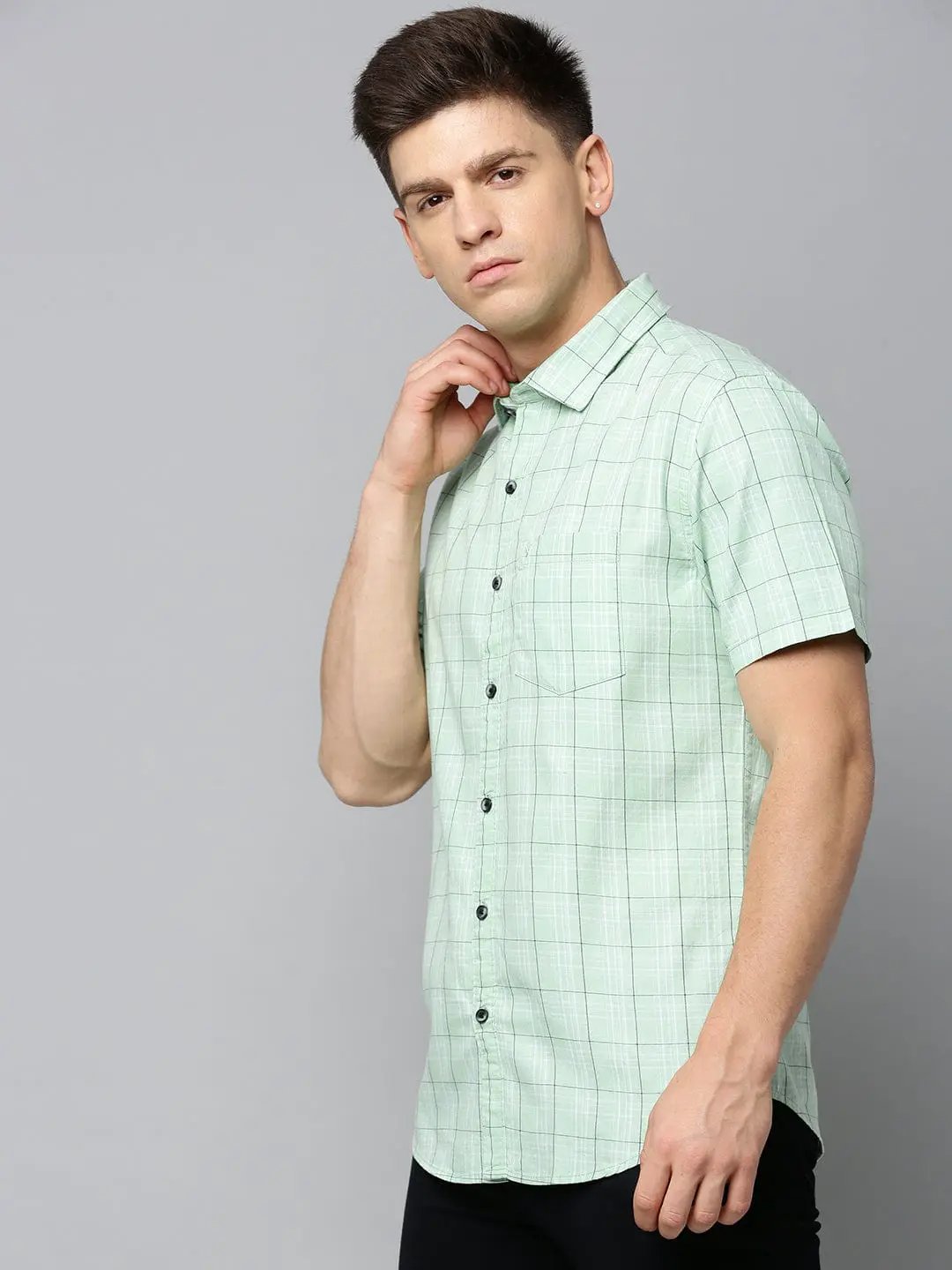 Men's Spread Collar Checked Sea Green Shirt