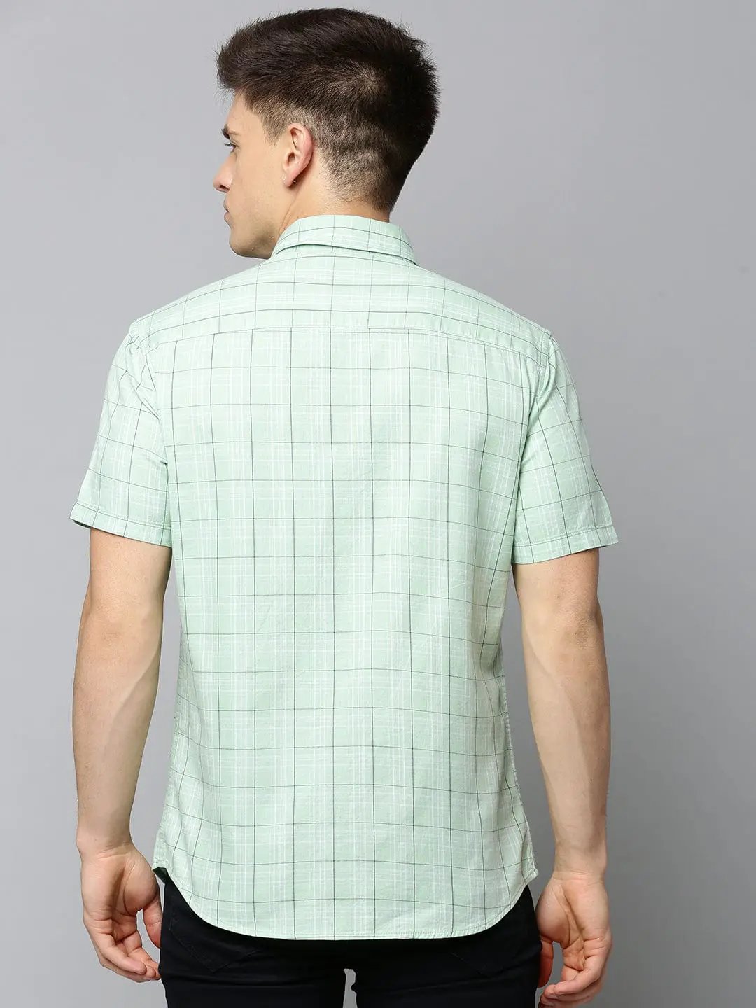 Men's Spread Collar Checked Sea Green Shirt