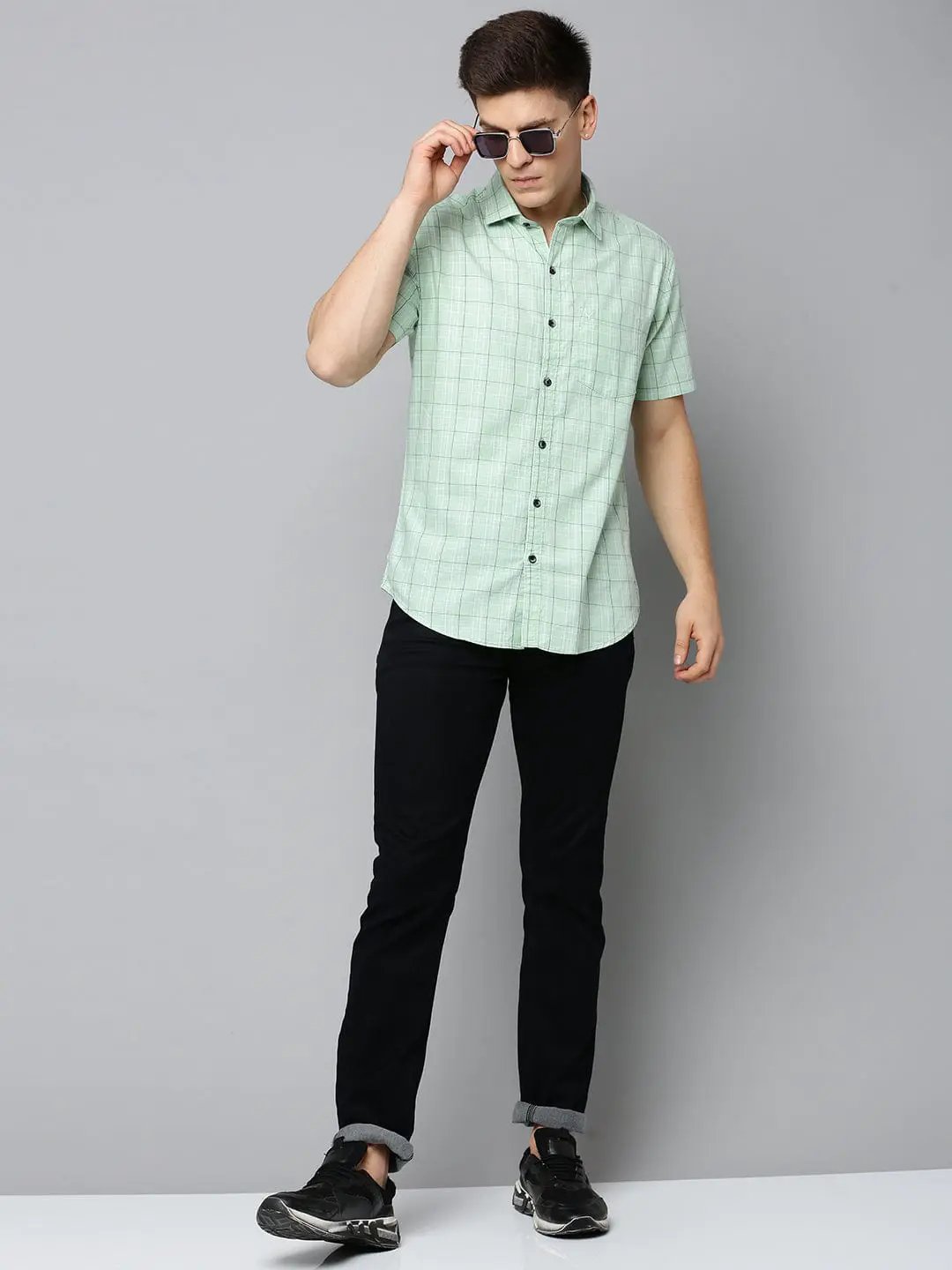 Men's Spread Collar Checked Sea Green Shirt
