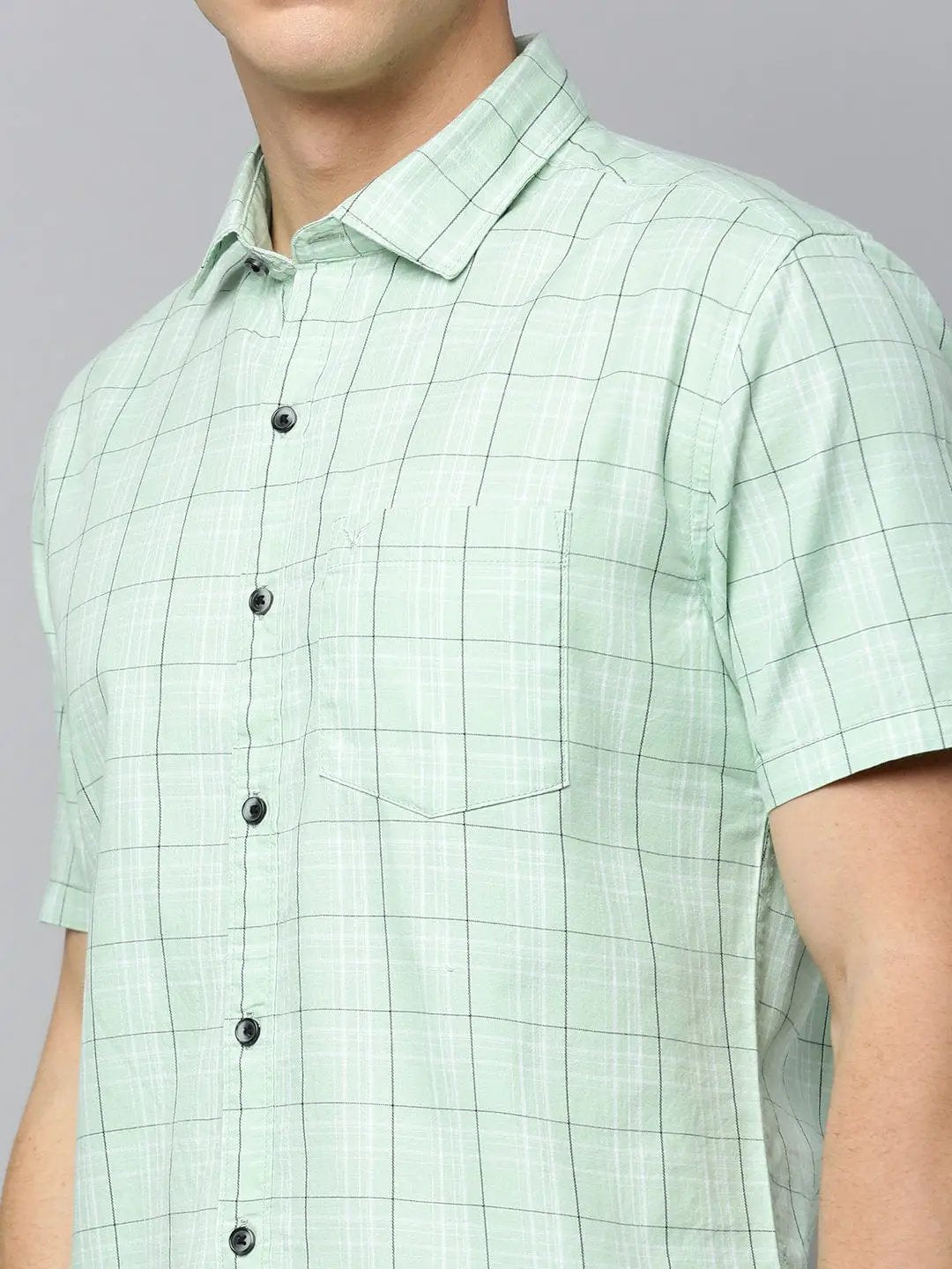 Men's Spread Collar Checked Sea Green Shirt