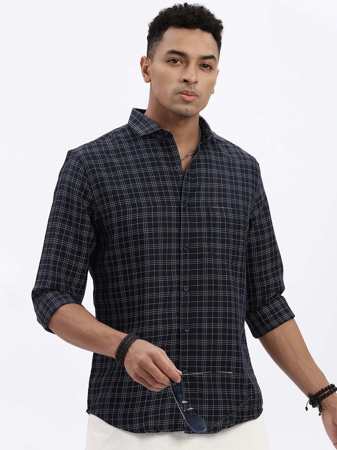 Men Navy Blue Checked Slim Fit Shirt