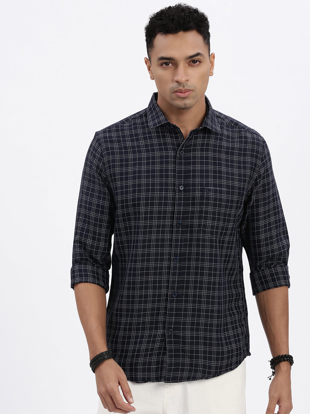 Men Navy Blue Checked Slim Fit Shirt