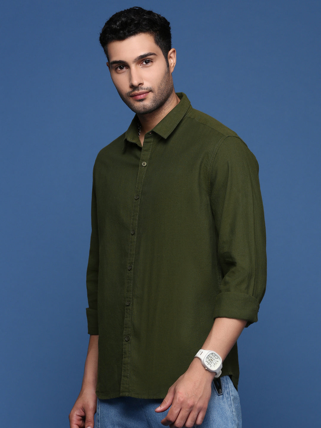 Men's Olive Standard Slim Fit Opaque Casual Shirt