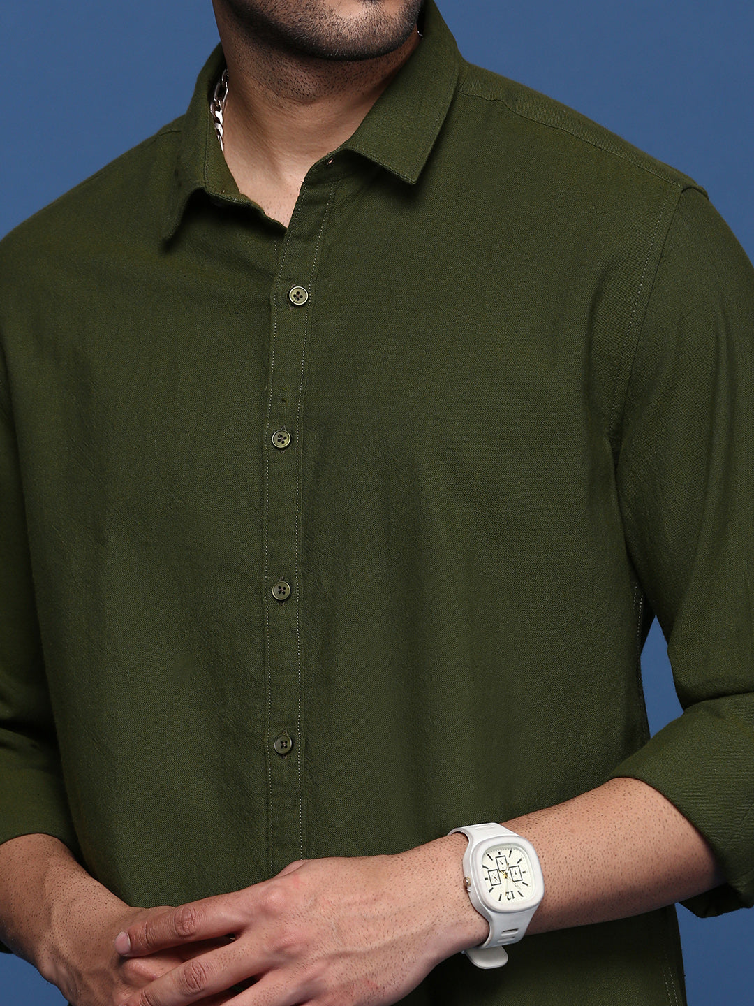 Men's Olive Standard Slim Fit Opaque Casual Shirt
