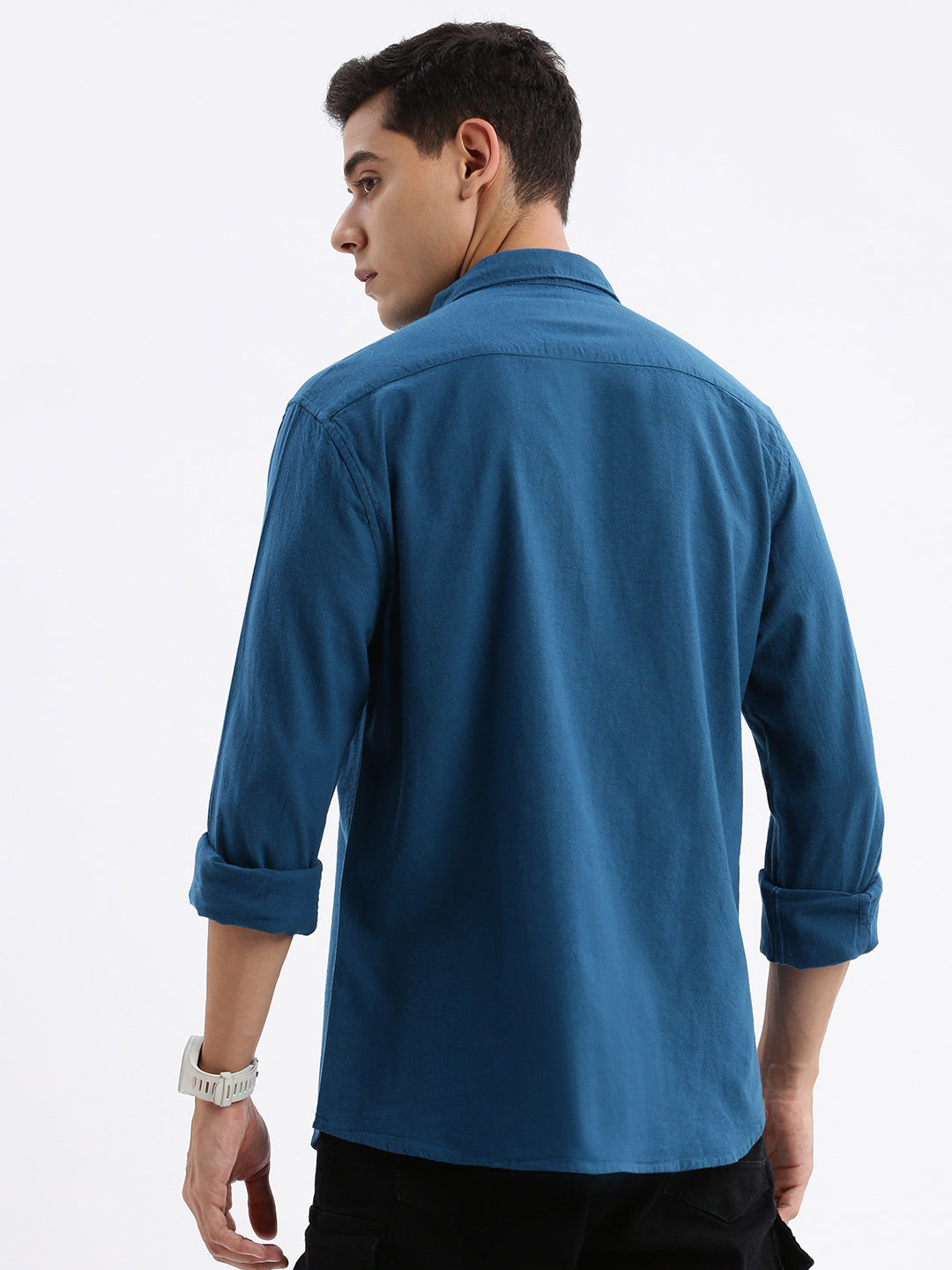 Men Spread Collar Solid Slim Fit Teal Shirt