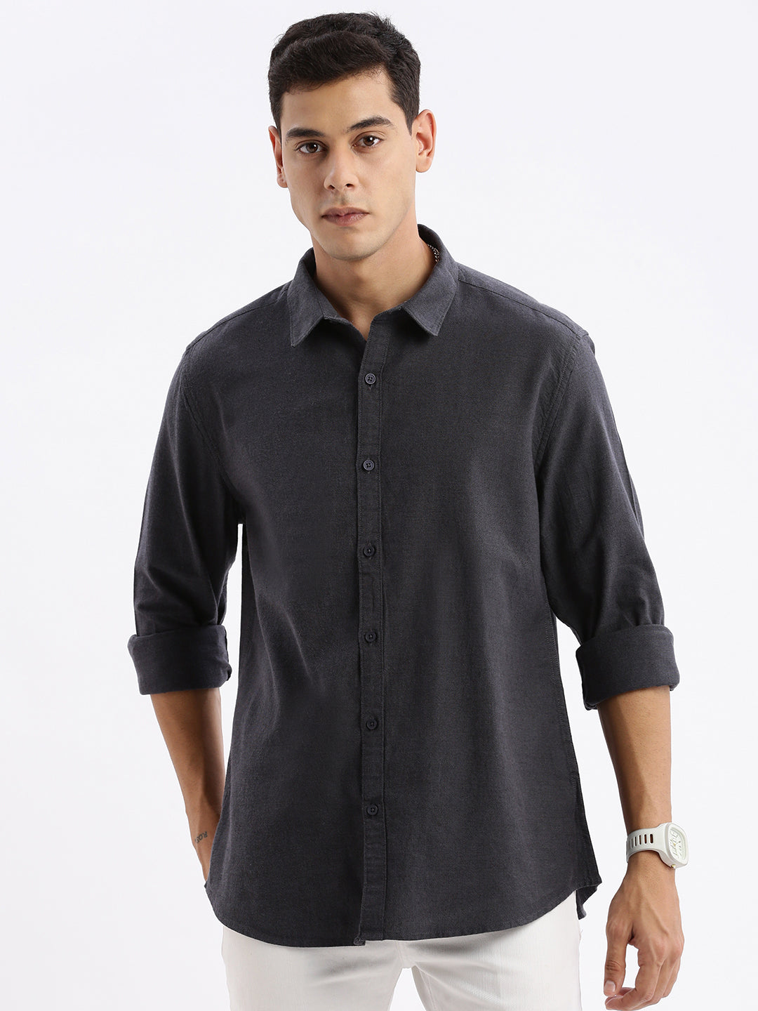 Men Spread Collar Solid Slim Fit Grey Shirt