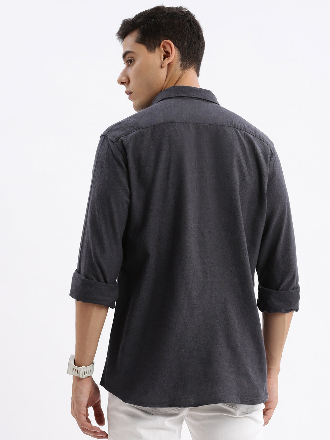 Men Spread Collar Solid Slim Fit Grey Shirt