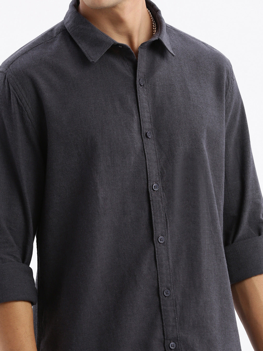 Men Spread Collar Solid Slim Fit Grey Shirt