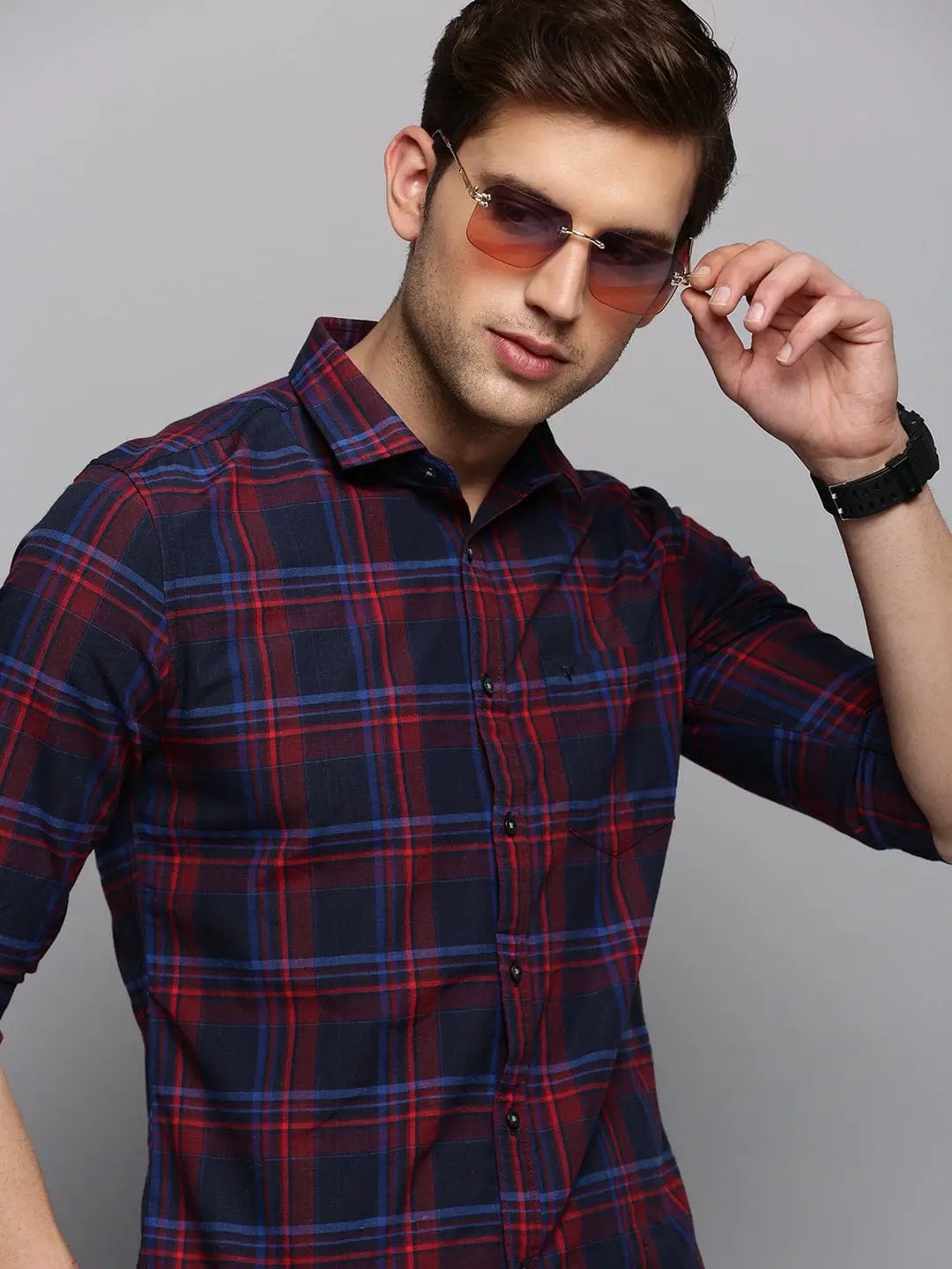 Men's Spread Collar Checked Navy Blue Shirt