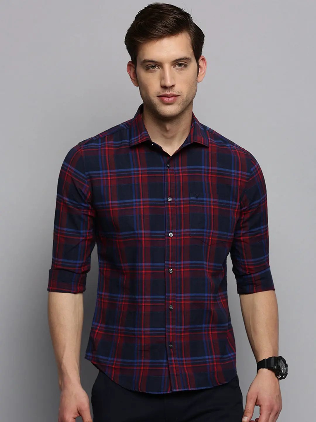 Men's Spread Collar Checked Navy Blue Shirt