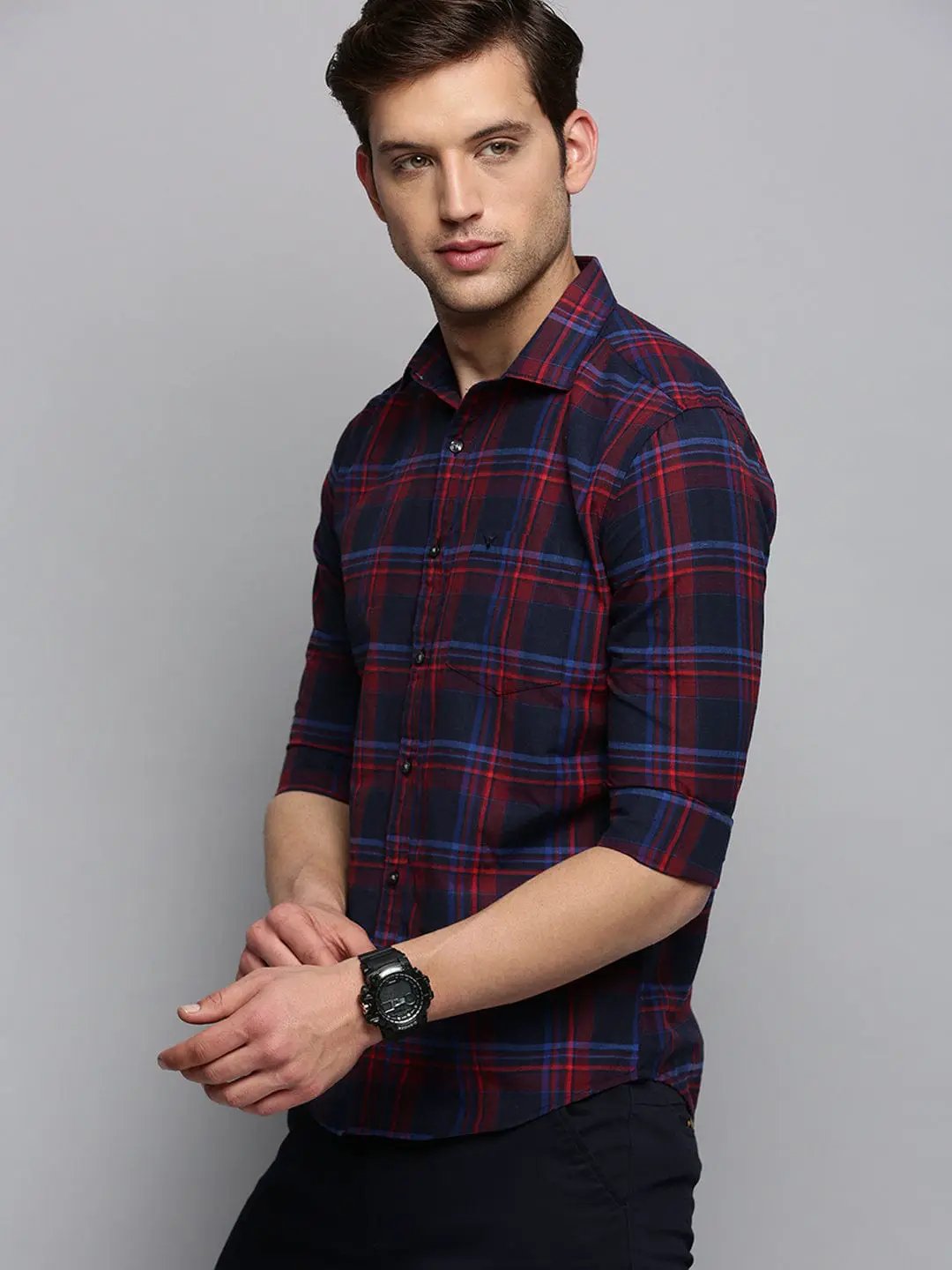 Men's Spread Collar Checked Navy Blue Shirt