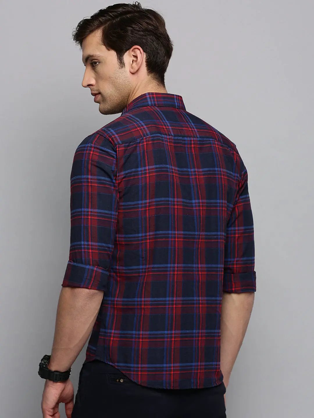 Men's Spread Collar Checked Navy Blue Shirt