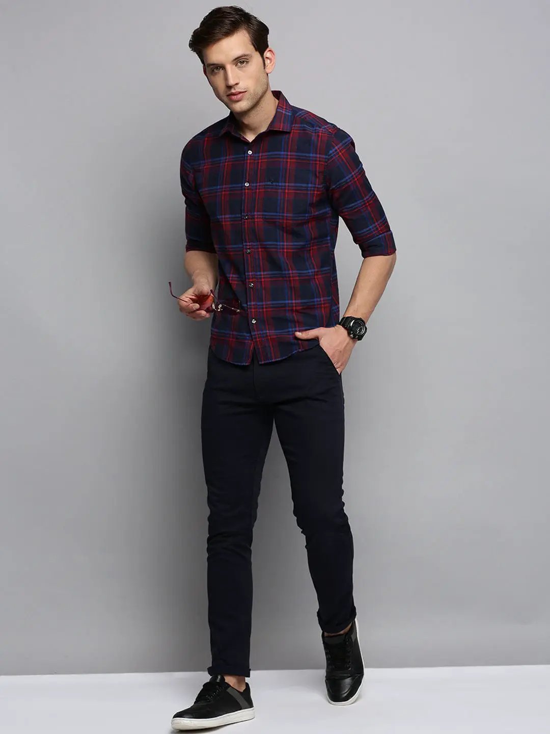 Men's Spread Collar Checked Navy Blue Shirt