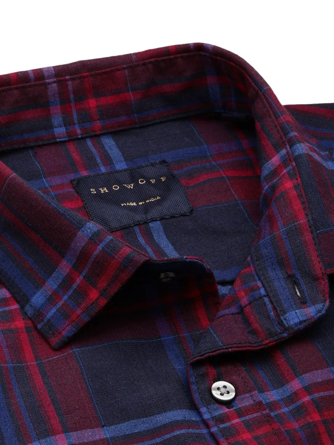 Men's Spread Collar Checked Navy Blue Shirt