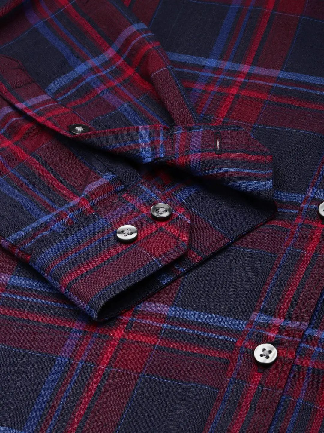 Men's Spread Collar Checked Navy Blue Shirt