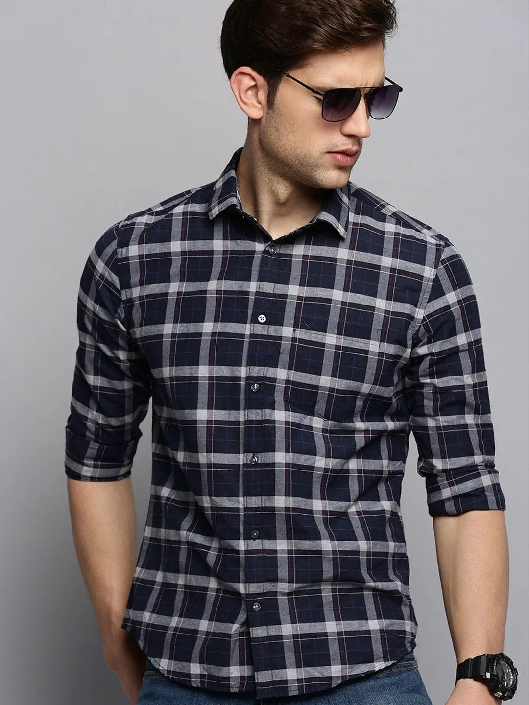 Men's Spread Collar Checked Navy Blue Shirt