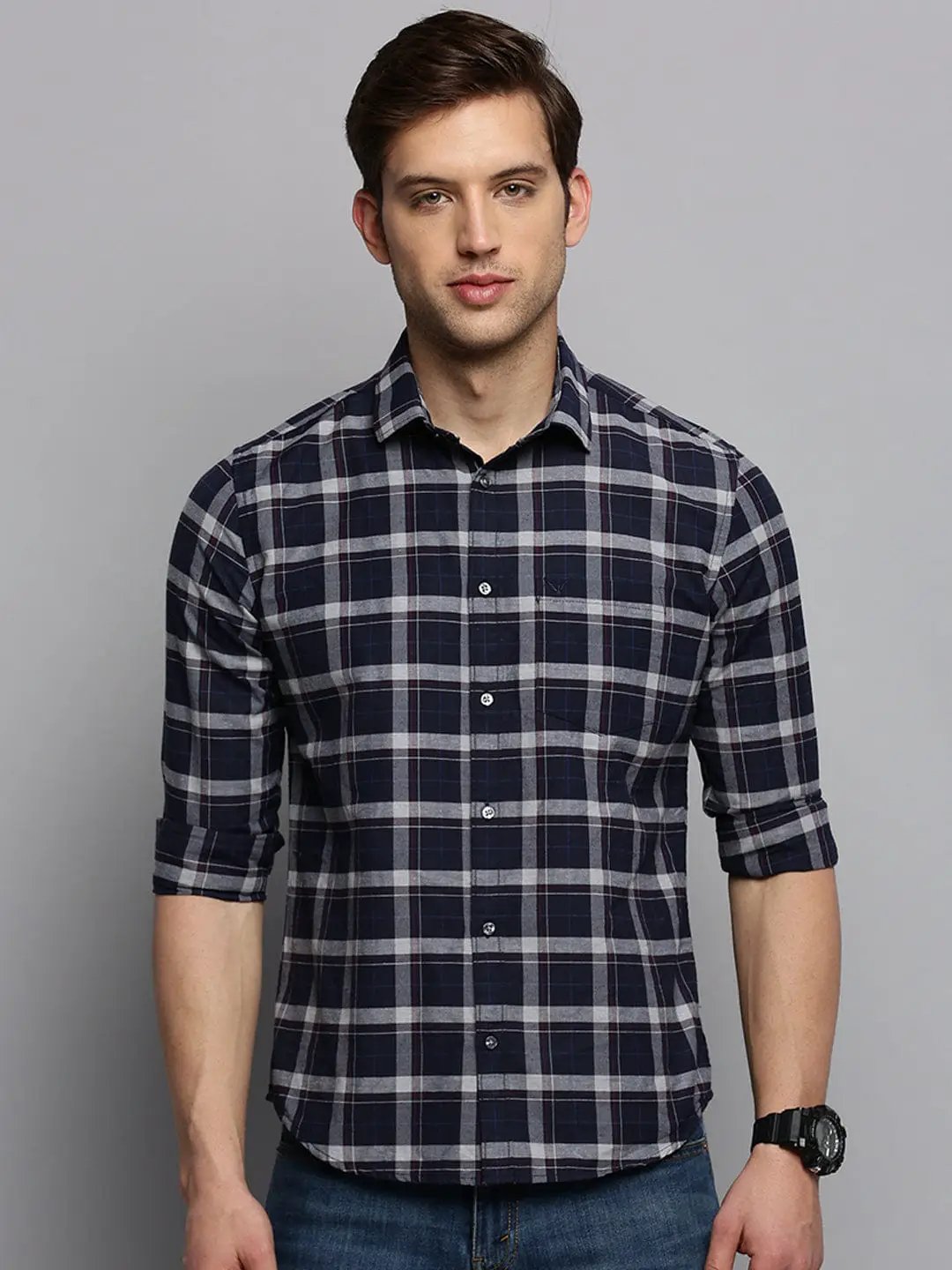 Men's Spread Collar Checked Navy Blue Shirt