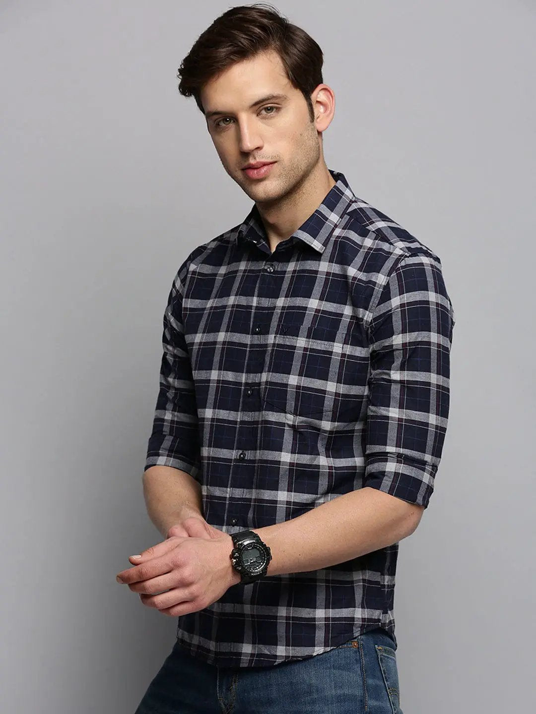 Men's Spread Collar Checked Navy Blue Shirt