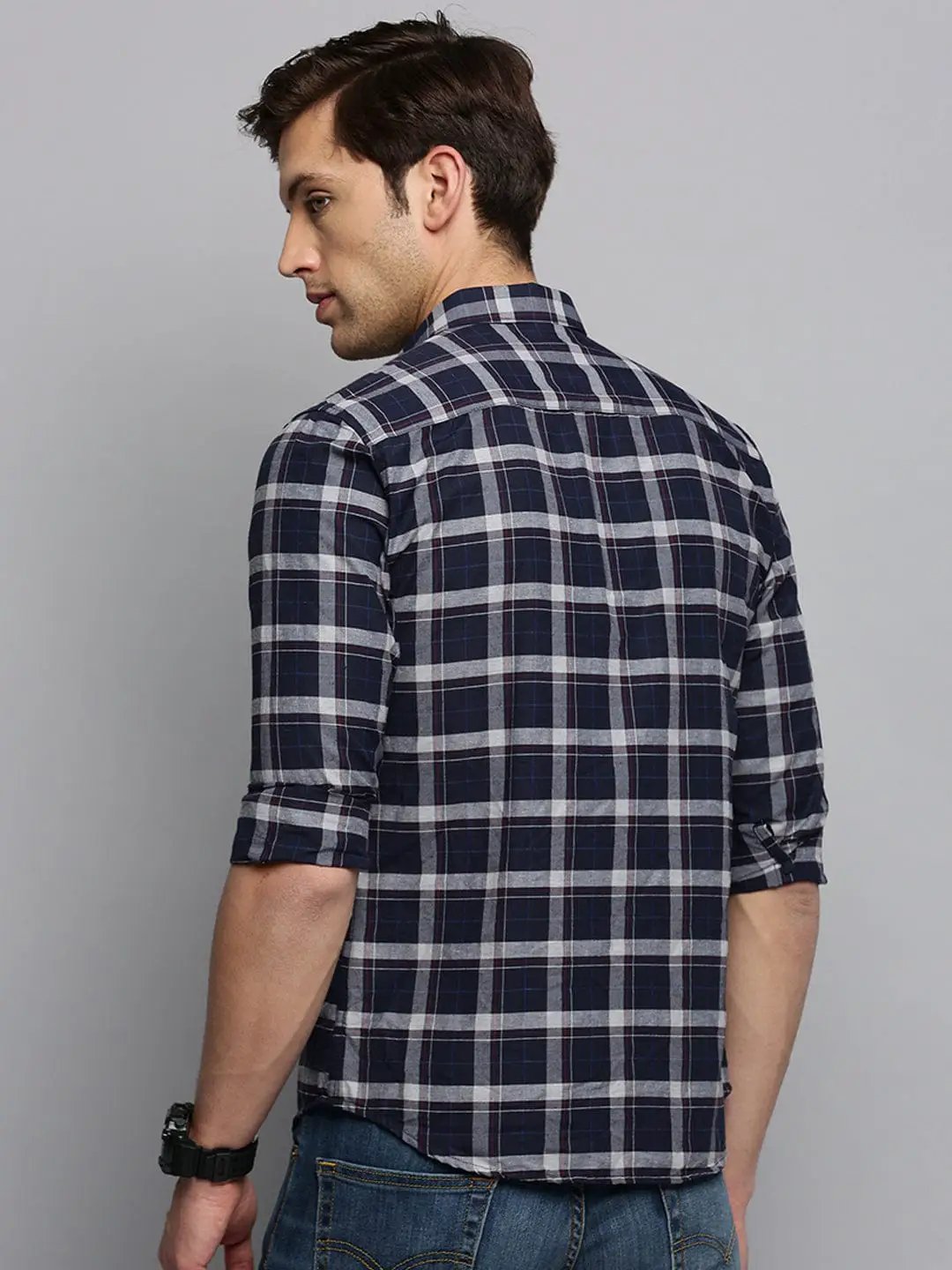 Men's Spread Collar Checked Navy Blue Shirt