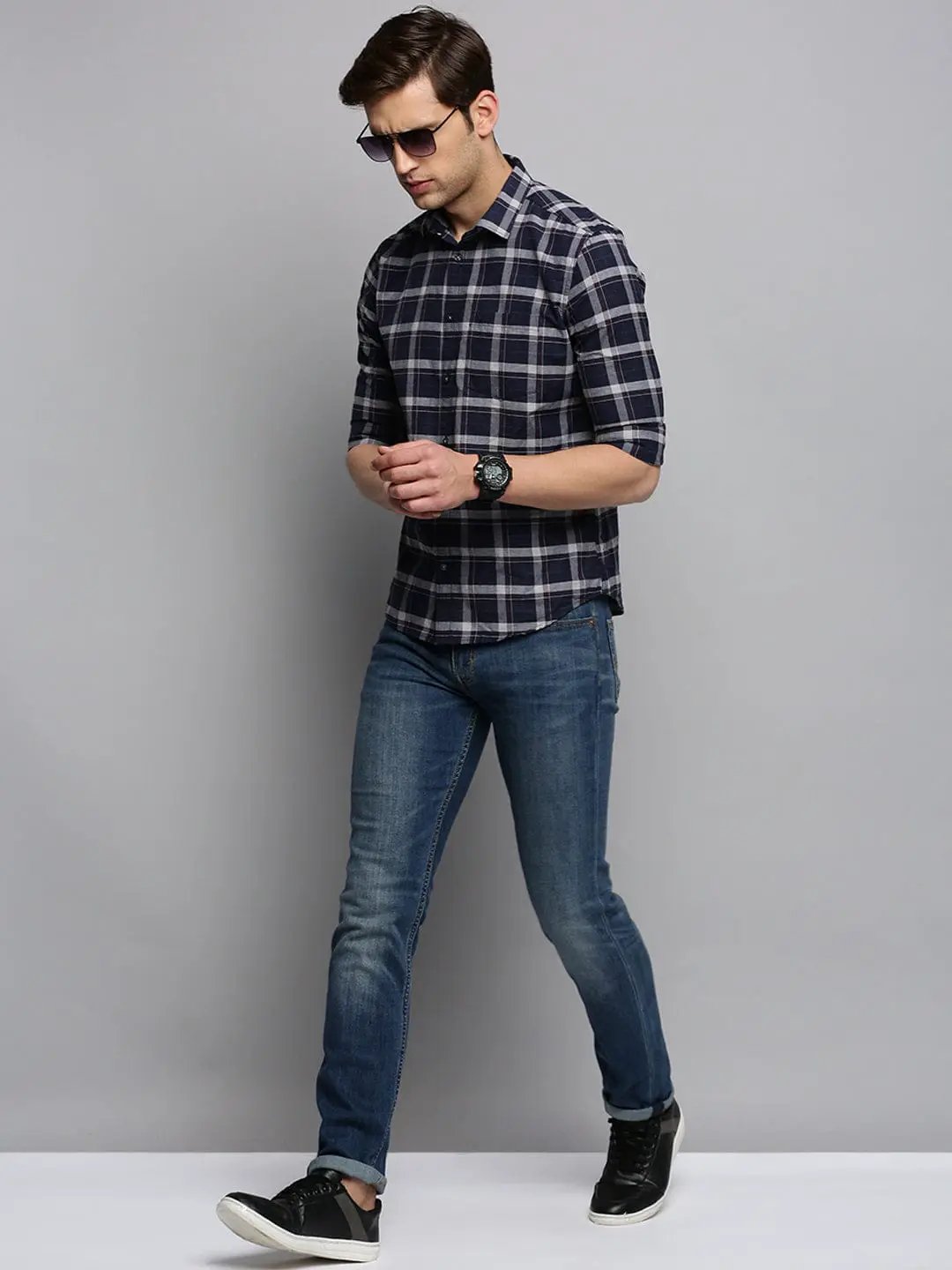 Men's Spread Collar Checked Navy Blue Shirt