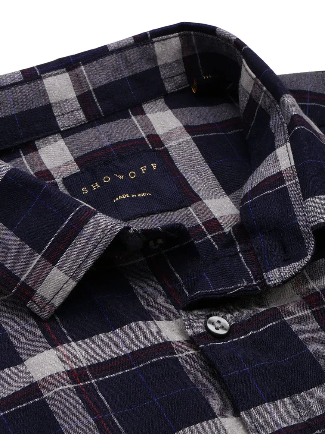 Men's Spread Collar Checked Navy Blue Shirt