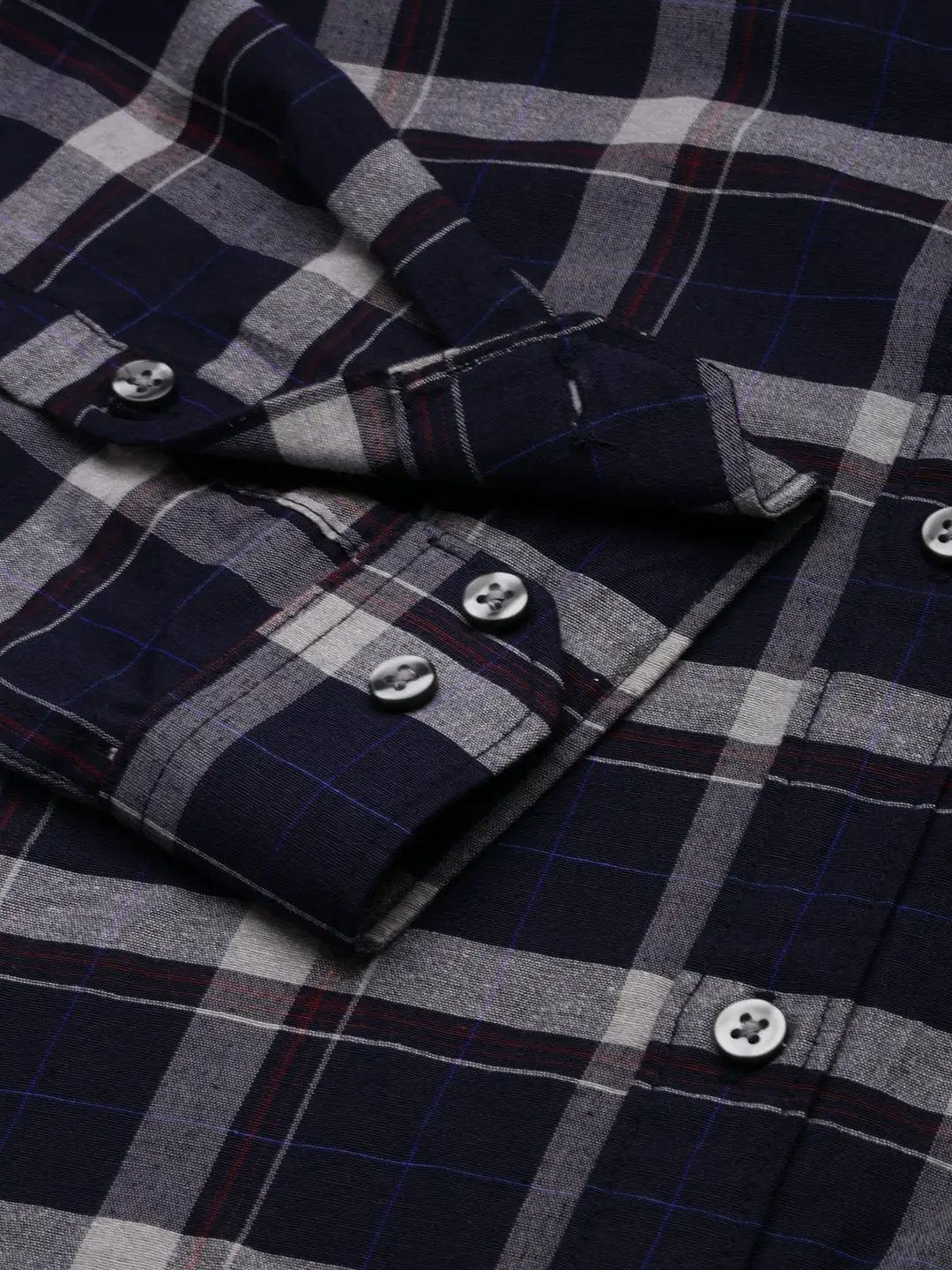 Men's Spread Collar Checked Navy Blue Shirt