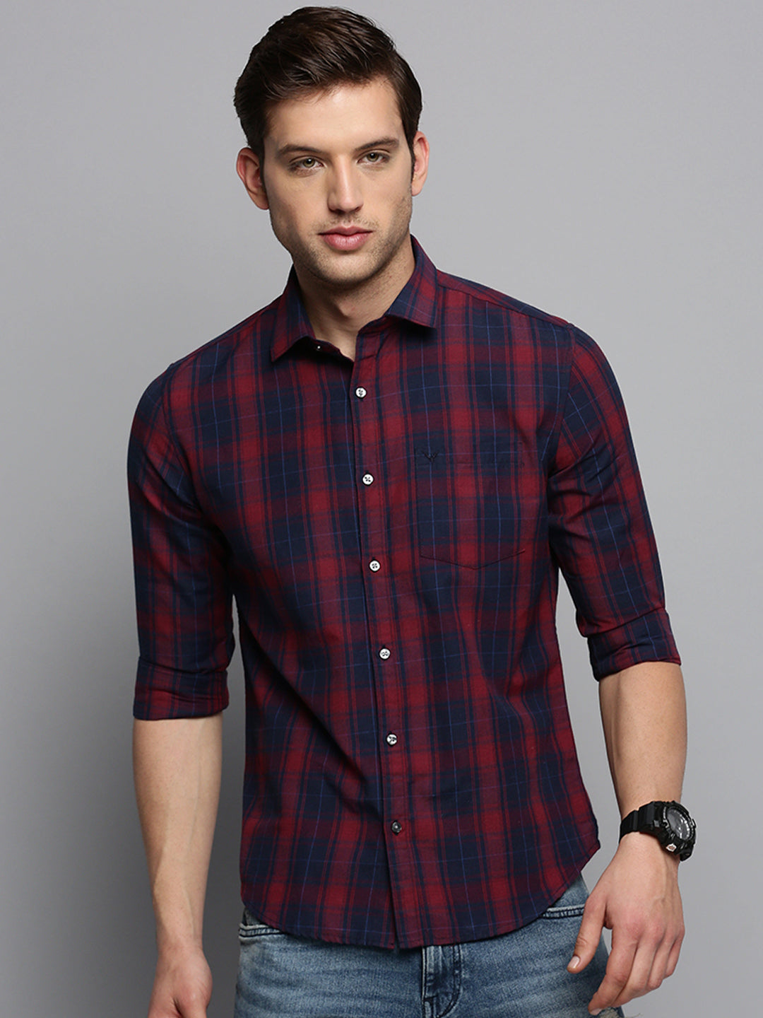 Men Spread Collar Checked Navy Blue Shirt