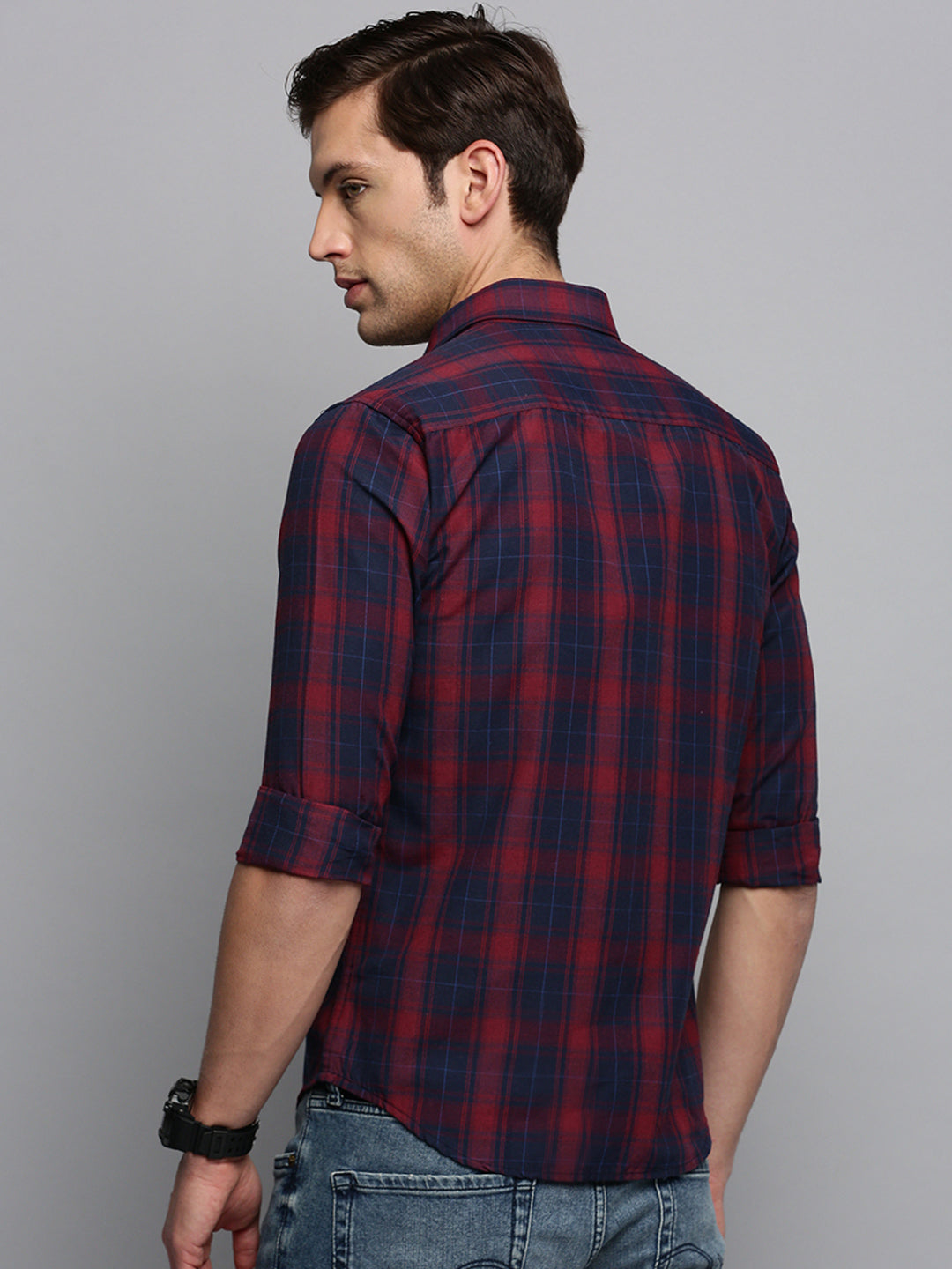 Men Spread Collar Checked Navy Blue Shirt