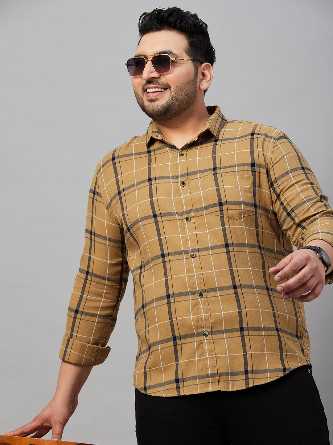 Men Checked Khaki Classic Shirt