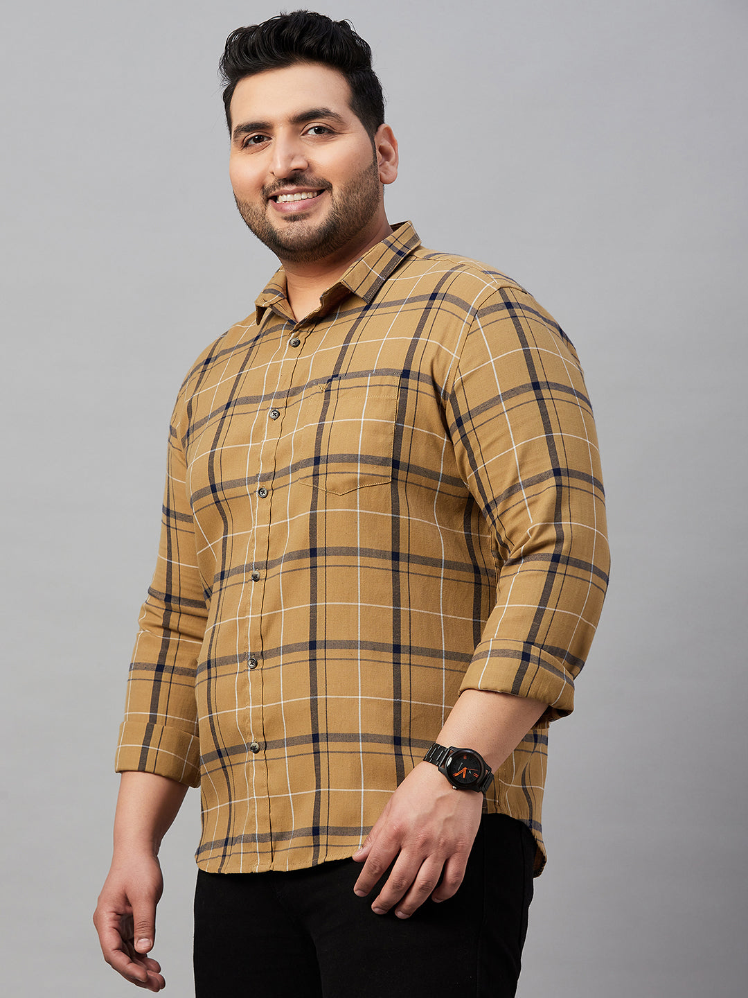 Men Checked Khaki Classic Shirt