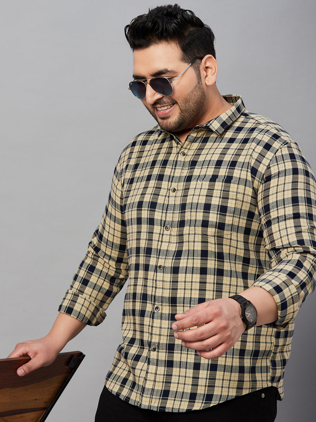 Men Checked Beige Classic Shirt