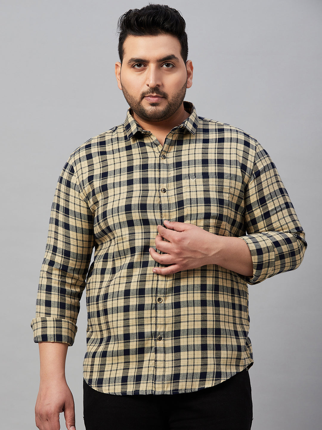 Men Checked Beige Classic Shirt