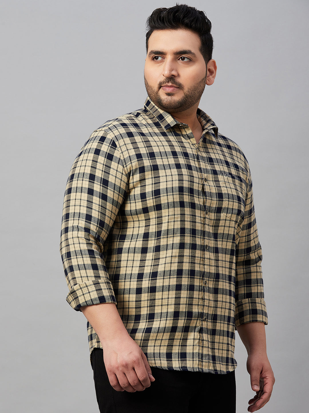 Men Checked Beige Classic Shirt