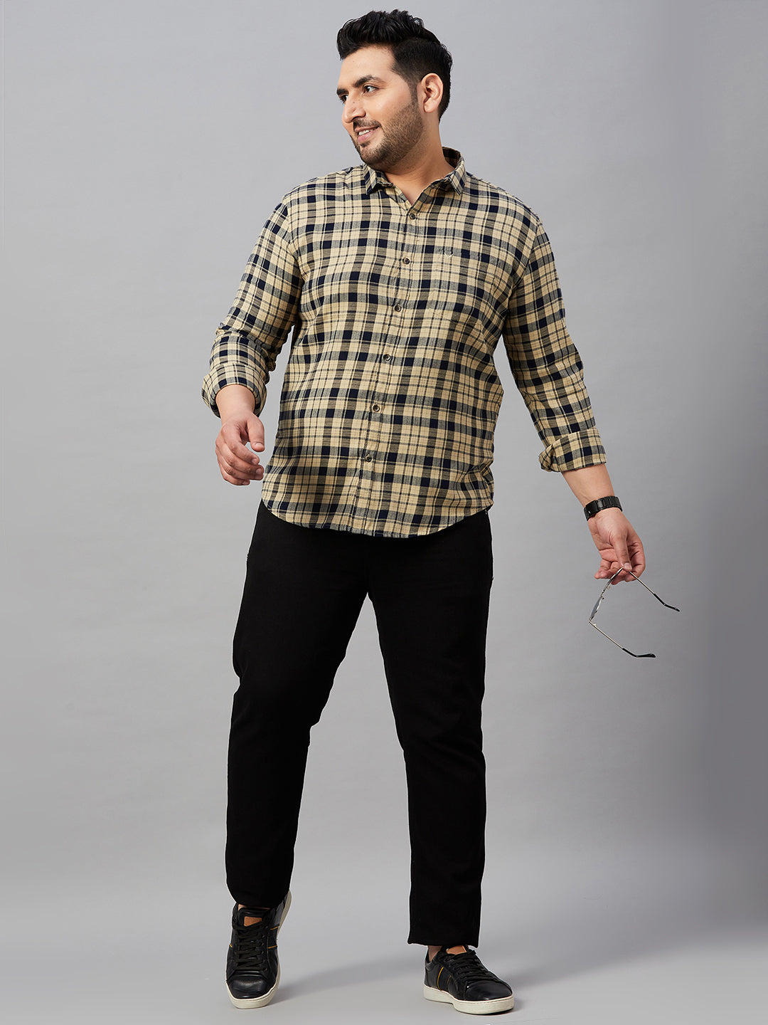 Men Checked Beige Classic Shirt