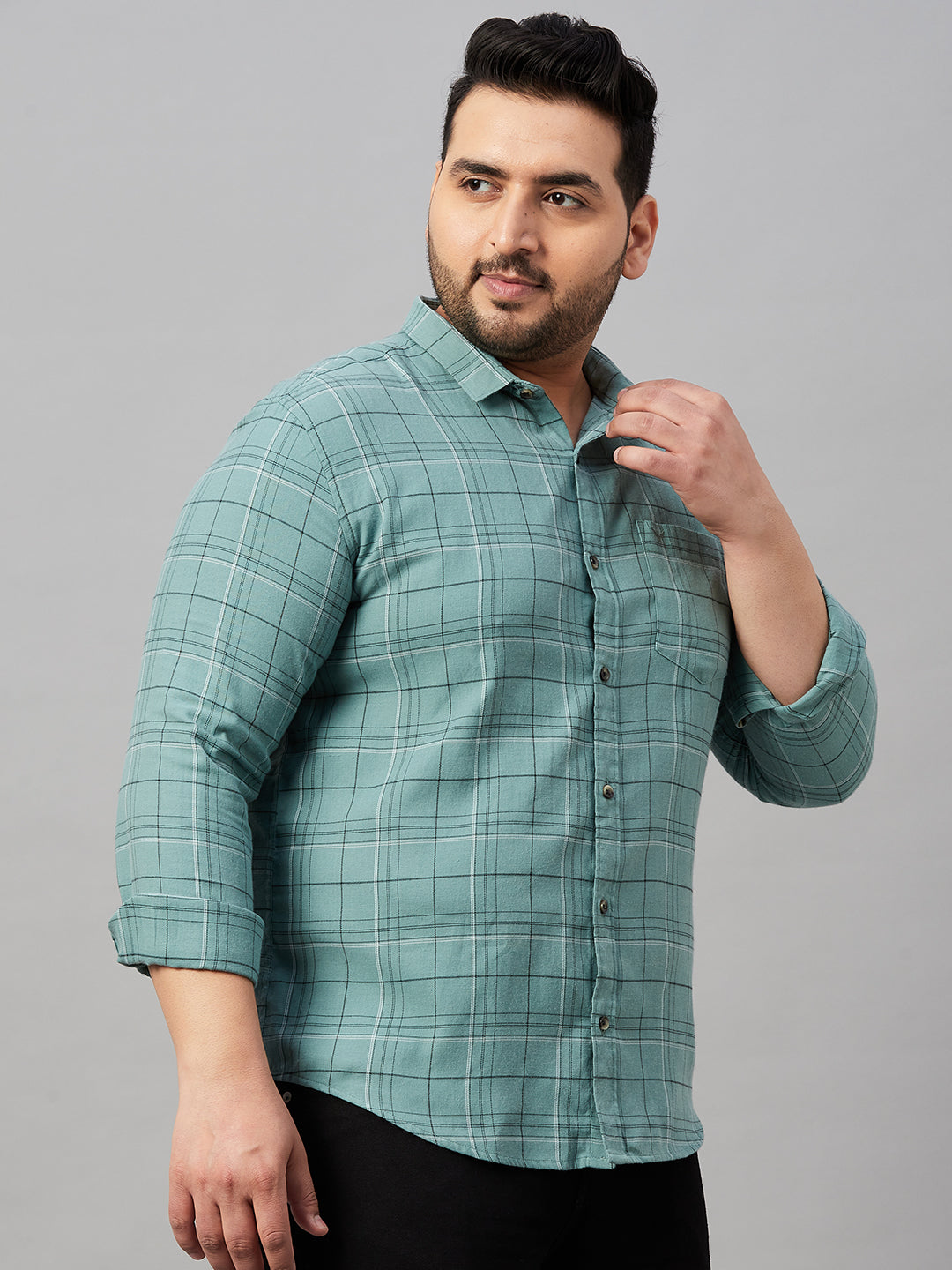 Men Spread Collar Checked Sea Green Shirt