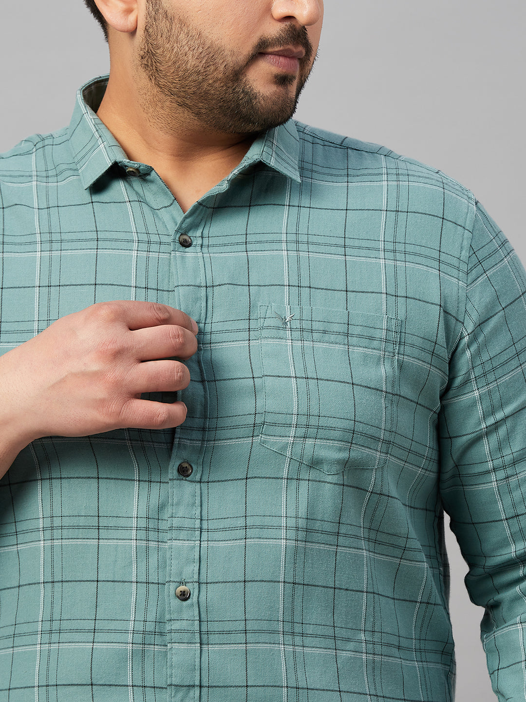 Men Spread Collar Checked Sea Green Shirt