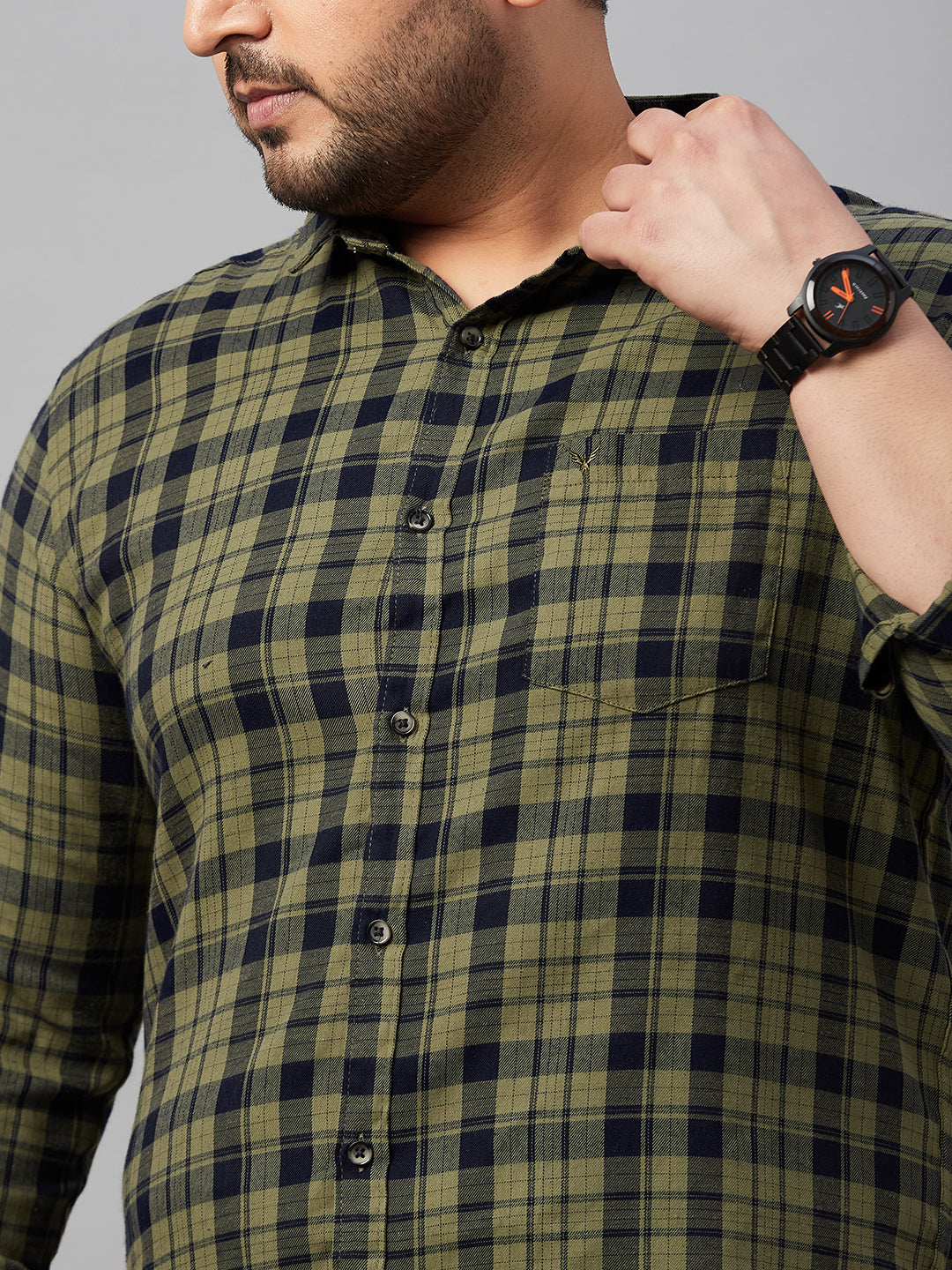 Men Spread Collar Checked Olive Shirt