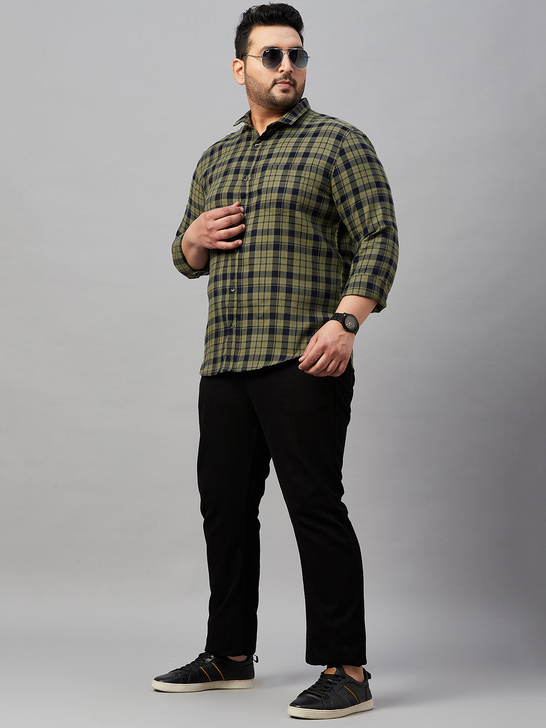 Men Spread Collar Checked Olive Shirt