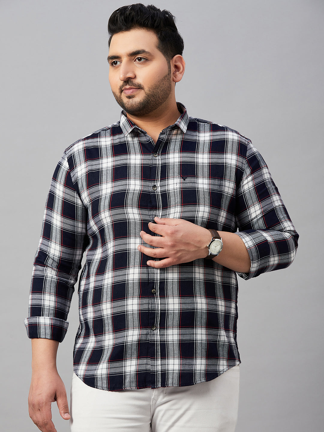 Men Checked Navy Blue Classic Shirt