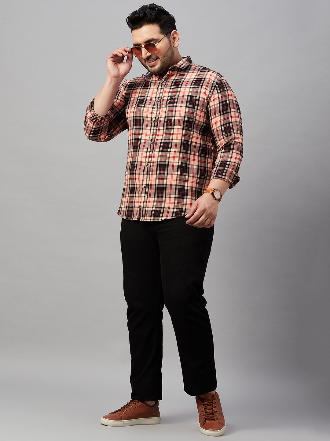 Men Checked Peach Classic Shirt