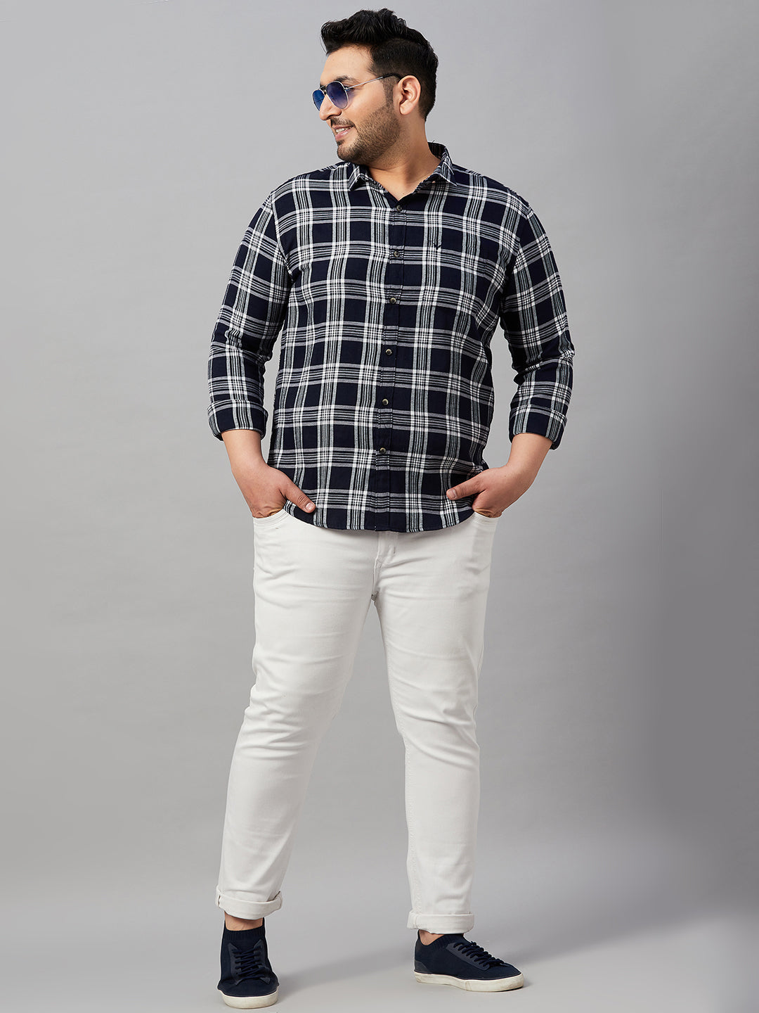 Men Checked Navy Blue Classic Shirt