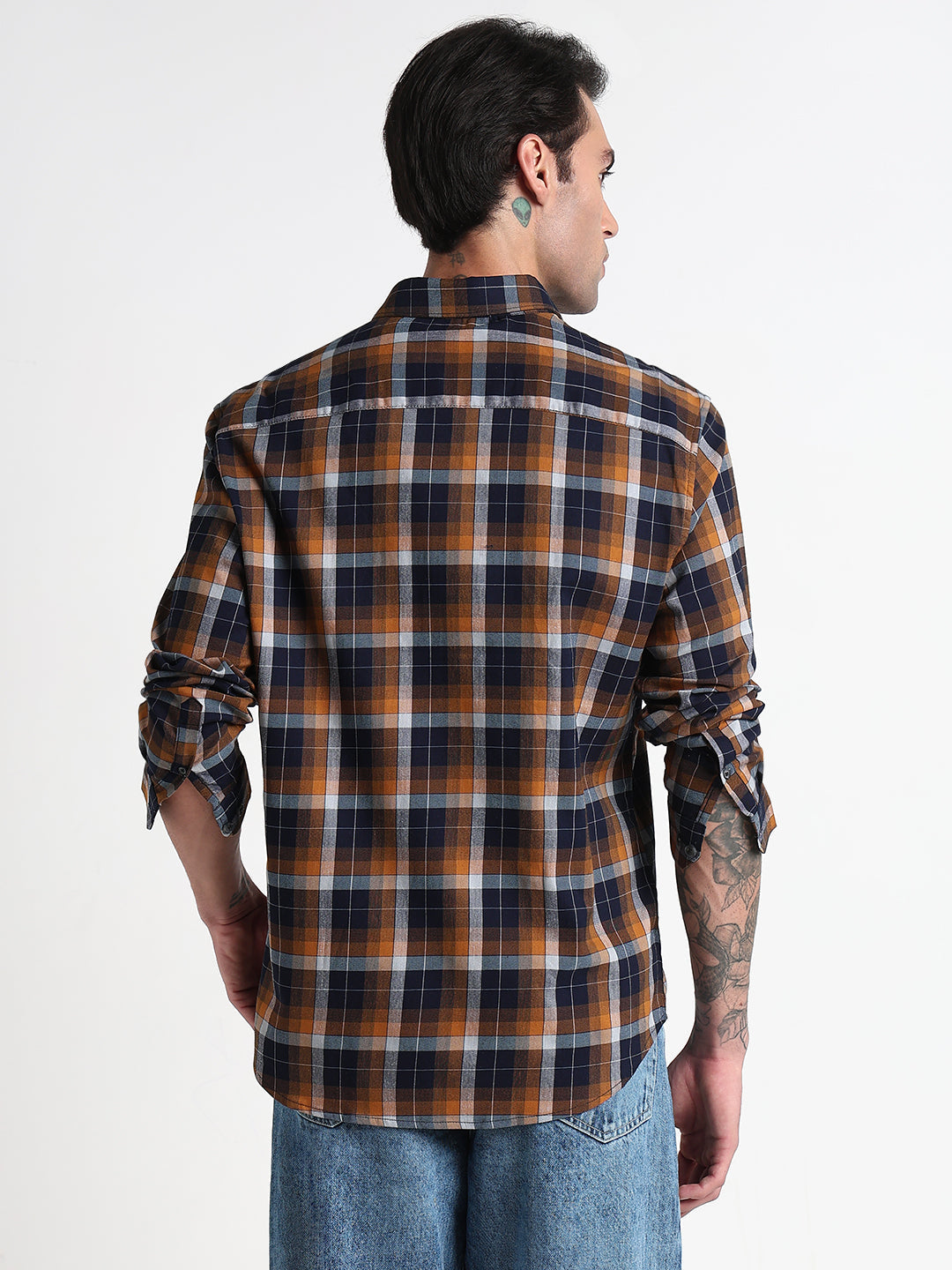 Men's Navy Blue & Yellow Checked Slim Fit Casual Shirt