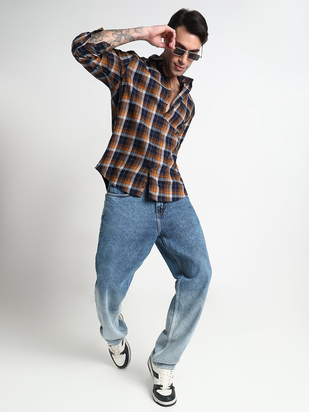 Men's Navy Blue & Yellow Checked Slim Fit Casual Shirt