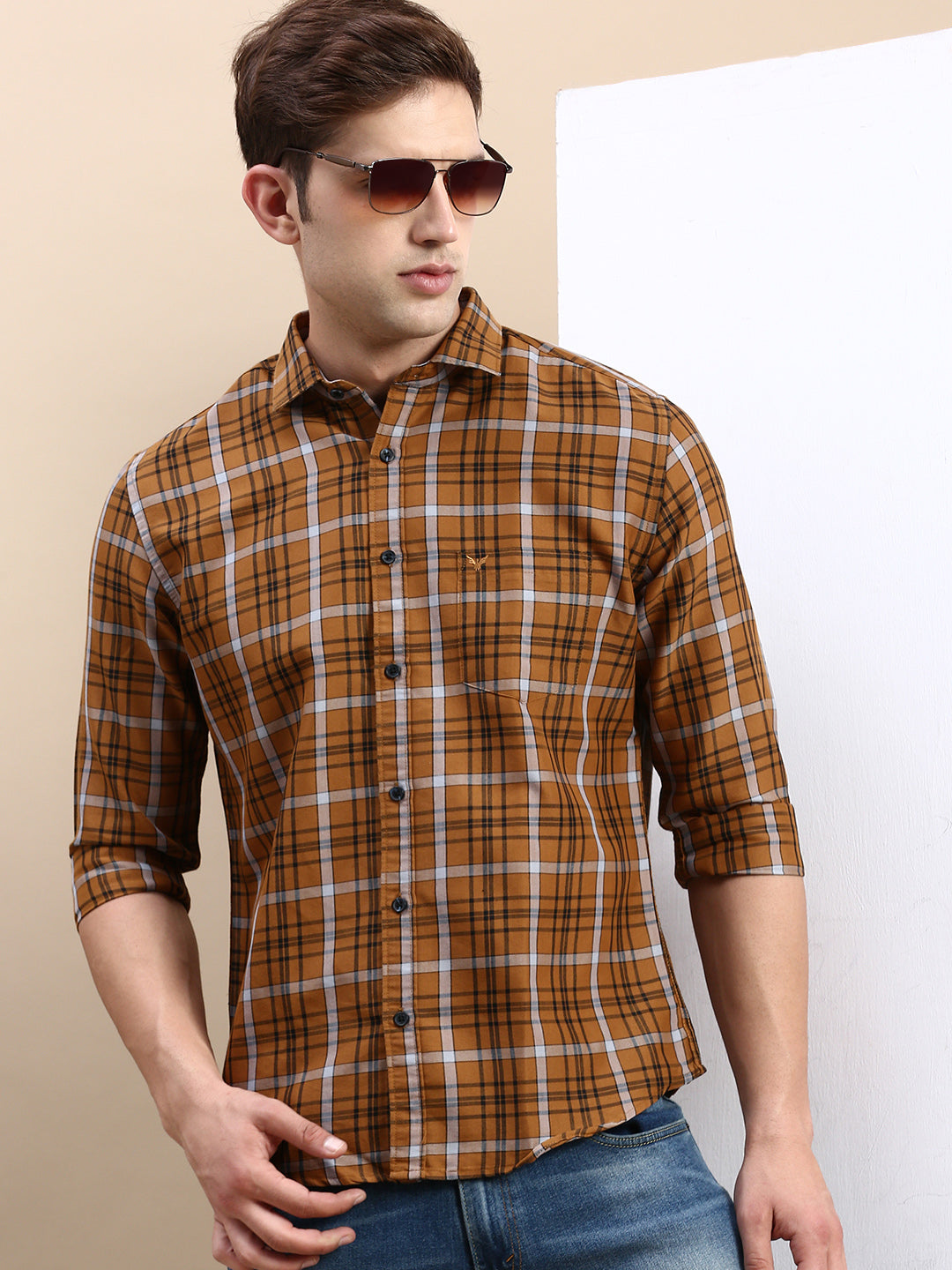 Men's Brown Checked Slim Fit Shirt