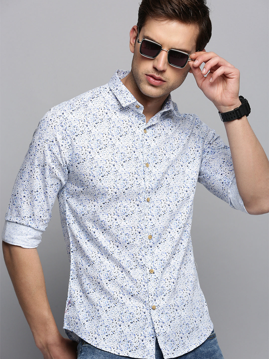 Men Spread Collar Printed White Shirt